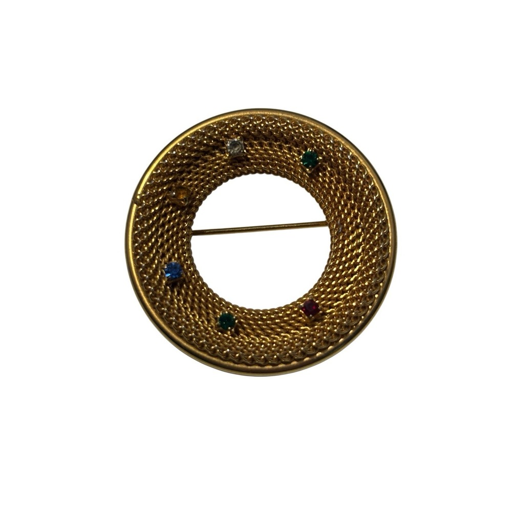 Vintage Gold Tone Mesh Multi Color Rhinestone Circle Brooch Pin